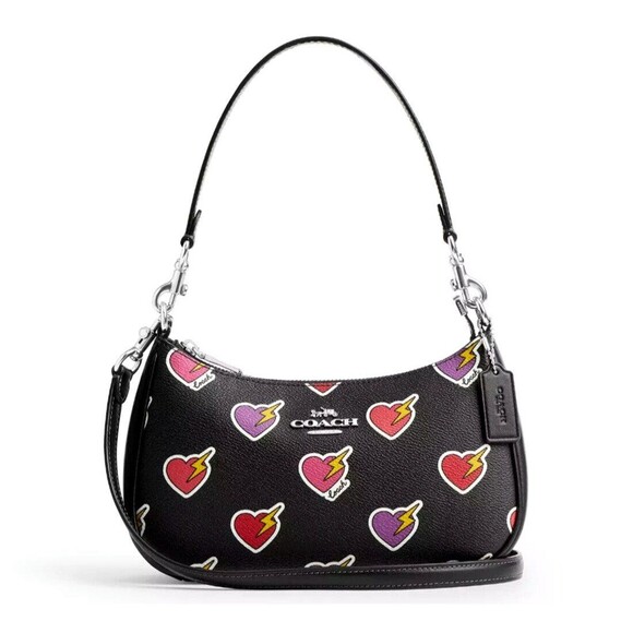 New Coach CY346 Teri Shoulder Bag with Heart Bolt Print Black Multi - Picture 1 of 6